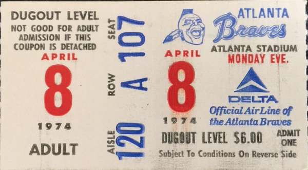 Hank Aaron Hits #715, 4/8/1974, ticket stub from Atlanta Stadium