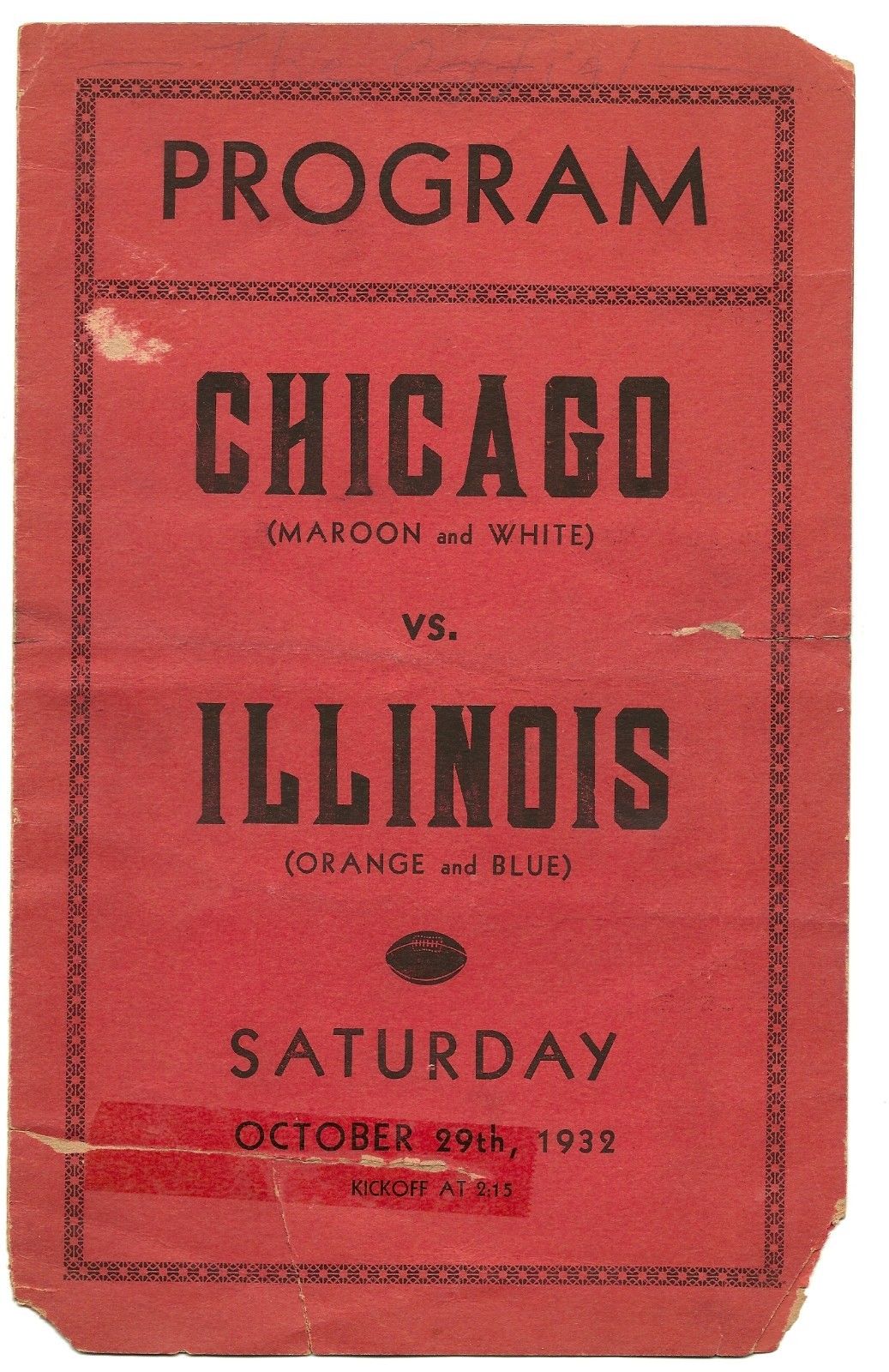 College Football Program: Chicago Maroons vs. Illinois Fighting Illini (October 29, 1932)