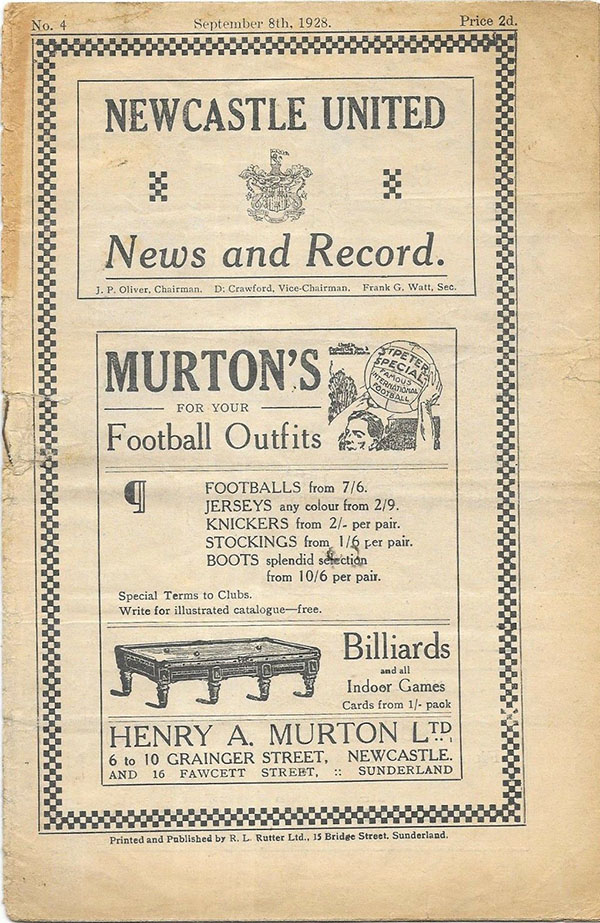 English Football Program: Newcastle United vs. Bury (September 8, 1928)