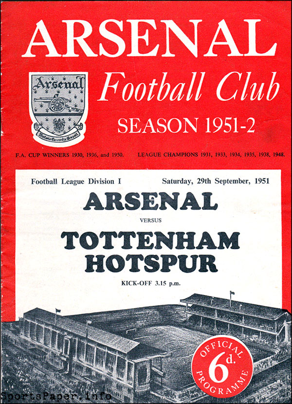 English Football Program: Arsenal vs. Tottenham Hotspur (September 29, 1951)