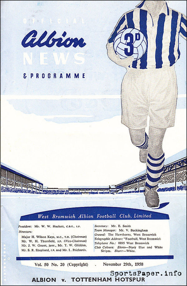 English Football Program: West Bromwich Albion vs. Tottenham Hotspur (November 29, 1958)