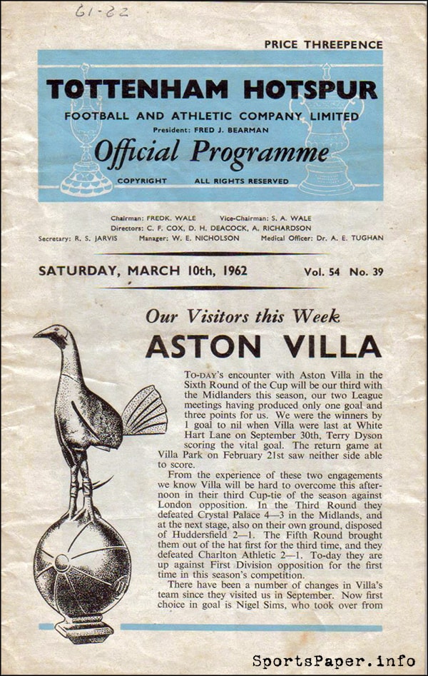 English Football Program: Tottenham Hotspur vs. Aston Villa (March 10, 1962)