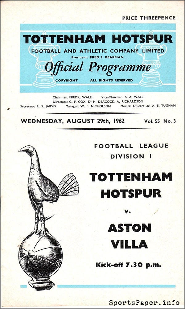 English Football Program: Tottenham Hotspur vs. Aston Villa (August 29, 1962)