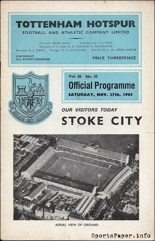 English Football Program: Tottenham Hotspur vs. Stoke City (November 27, 1965)