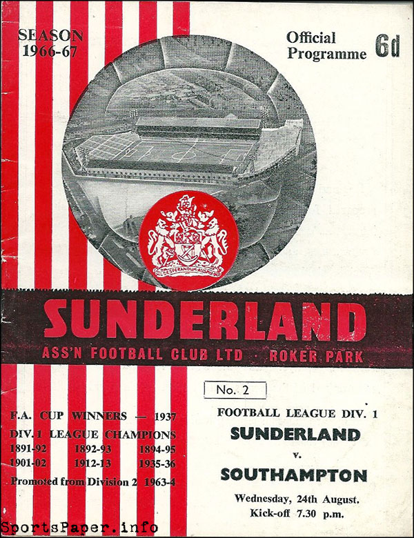 English Football Program: Sunderland vs. Southampton (August 24, 1966)