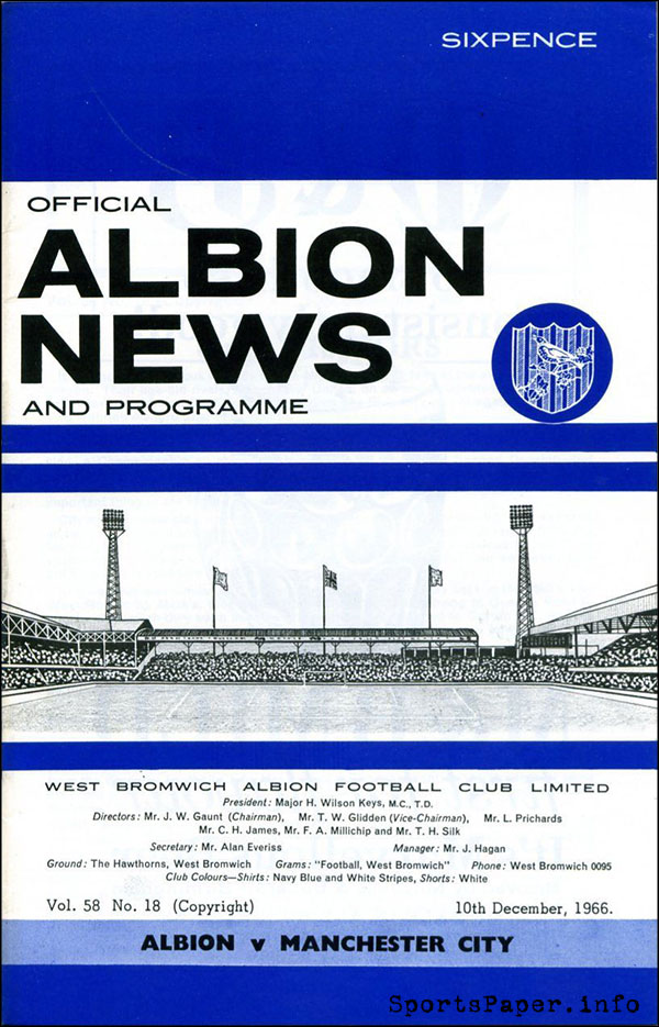 English Football Program: West Bromwich Albion vs. Manchester City (December 10, 1966)