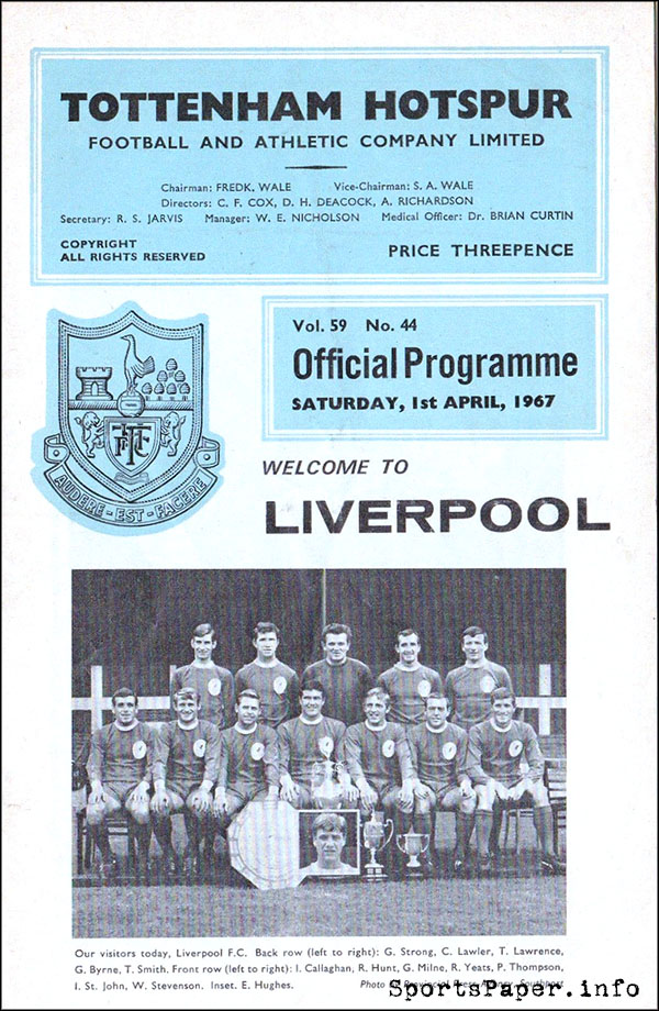English Football Program: Tottenham Hotspur vs. Liverpool (April 1, 1967)