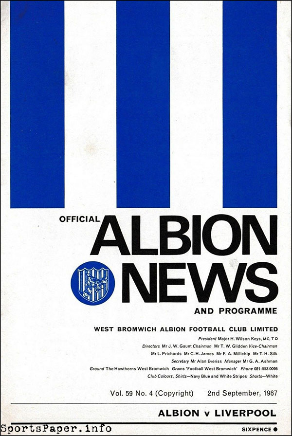 English Football Program: West Bromwich Albion vs. Liverpool (September 2, 1967)