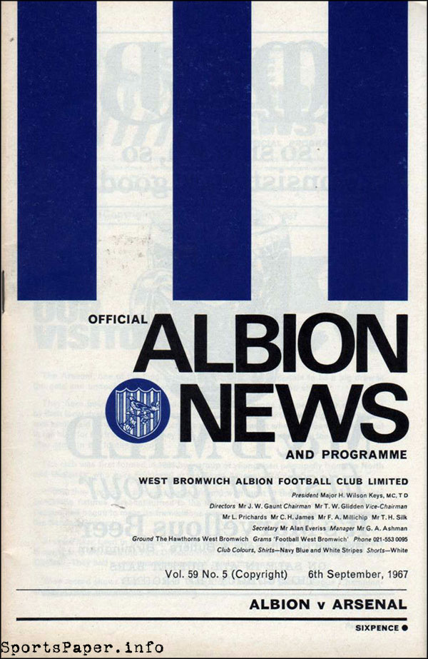 English Football Program: West Bromwich Albion vs. Arsenal (September 6, 1967)