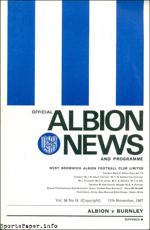 English Football Program: West Bromwich Albion vs. Burnley (November 11, 1967)