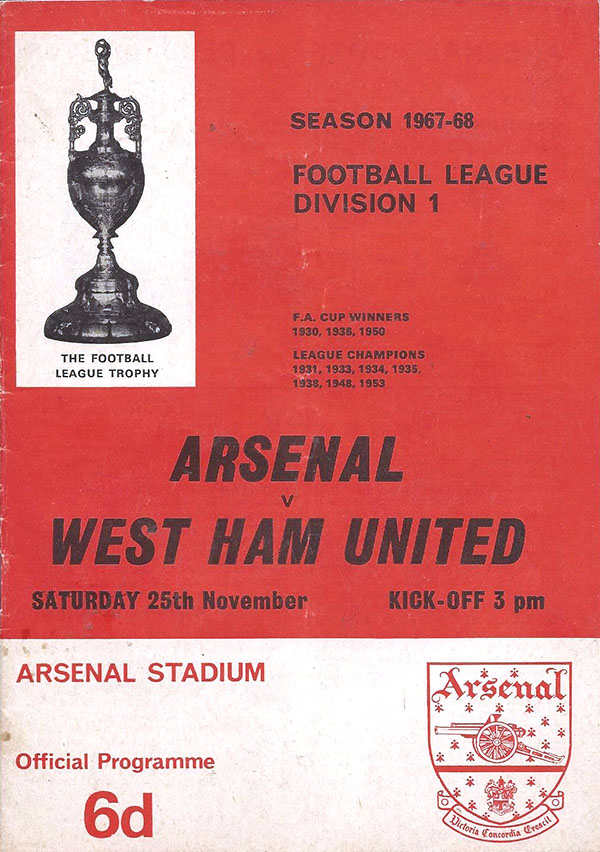 English Football Program: Arsenal vs. West Ham United (November 25, 1967)