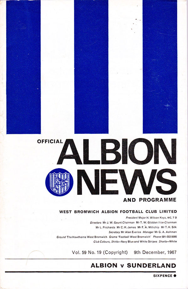 English Football Program: West Bromwich Albion vs. Sunderland (December 9, 1967)