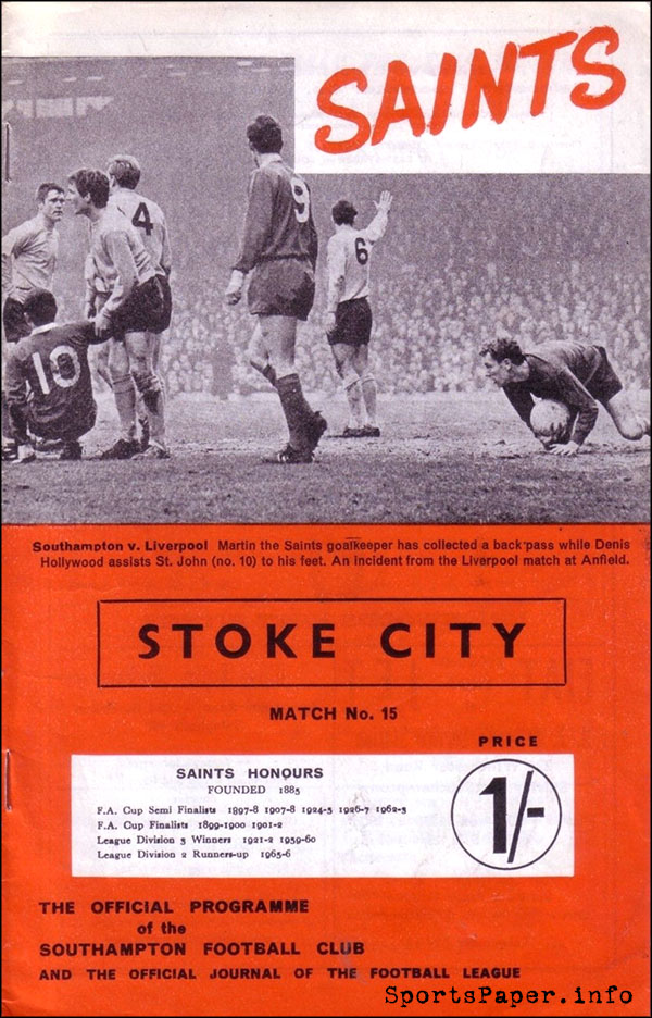 English Football Program: Southampton vs. Stoke City (February 3, 1968)