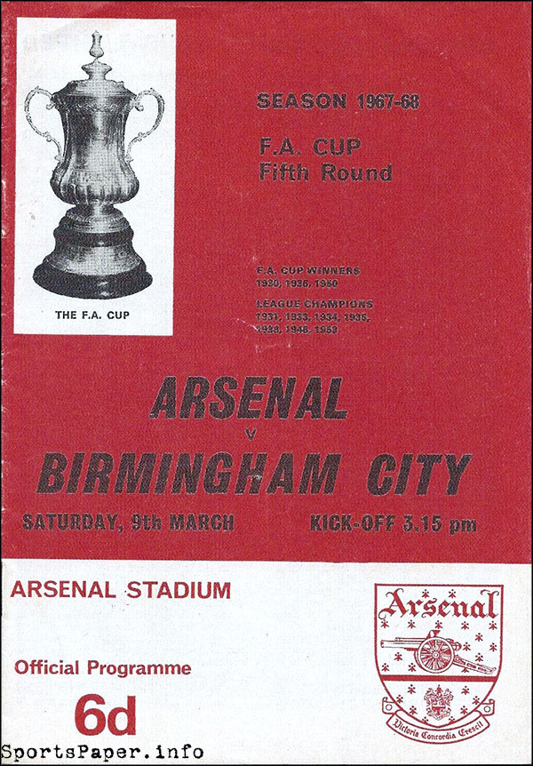 English Football Program: Arsenal vs. Birmingham City (March 9, 1968)