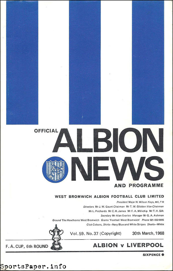 English Football Program: West Bromwich Albion vs. Liverpool (March 30, 1968)