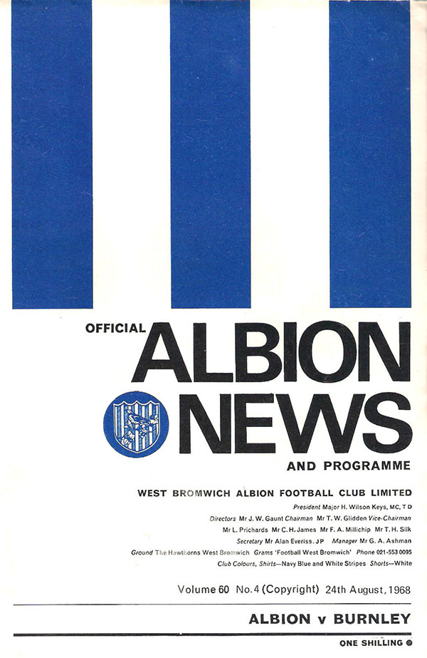 English Football Program: West Bromwich Albion vs. Burnley (August 24, 1968)