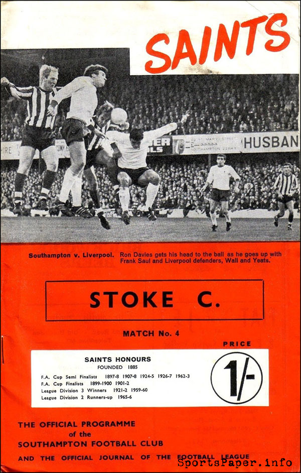 English Football Program: Southampton vs. Stoke City (August 28, 1968)