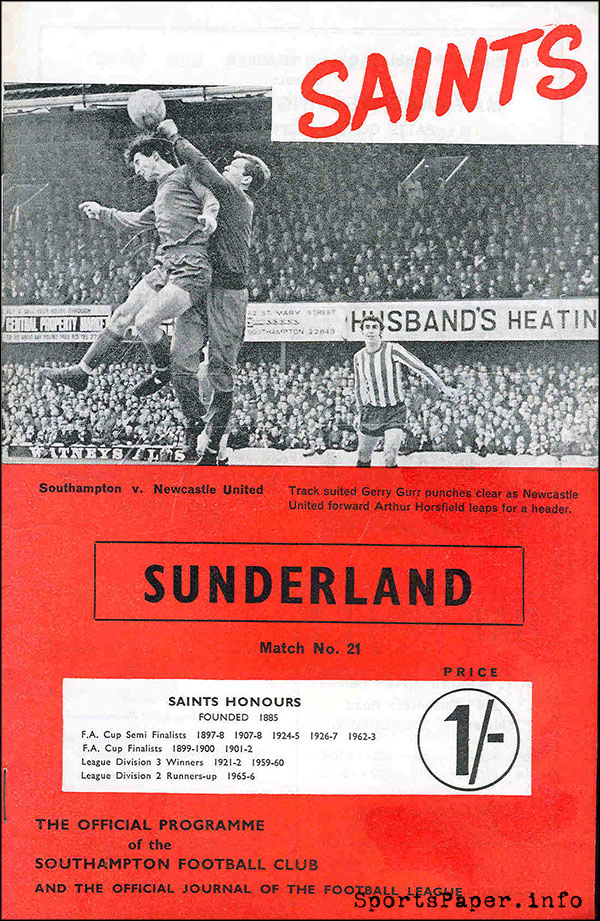 English Football Program: Southampton vs. Sunderland (March 8, 1969)