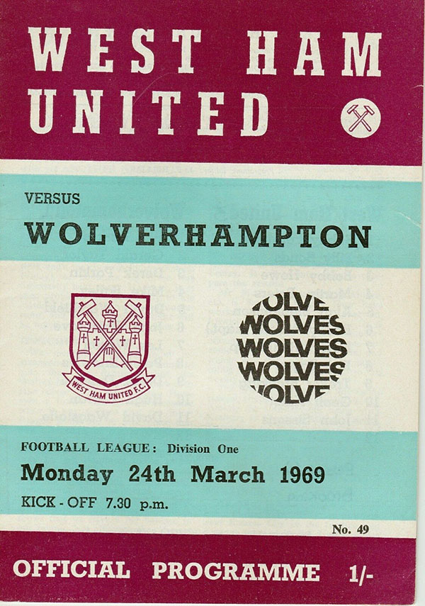 English Football Program: West Ham United vs. Wolverhampton Wanderers (March 24, 1969)