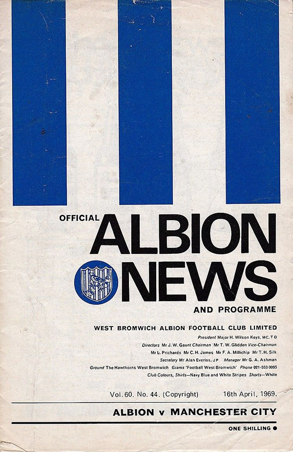 English Football Program: West Bromwich Albion vs. Manchester City (April 16, 1969)
