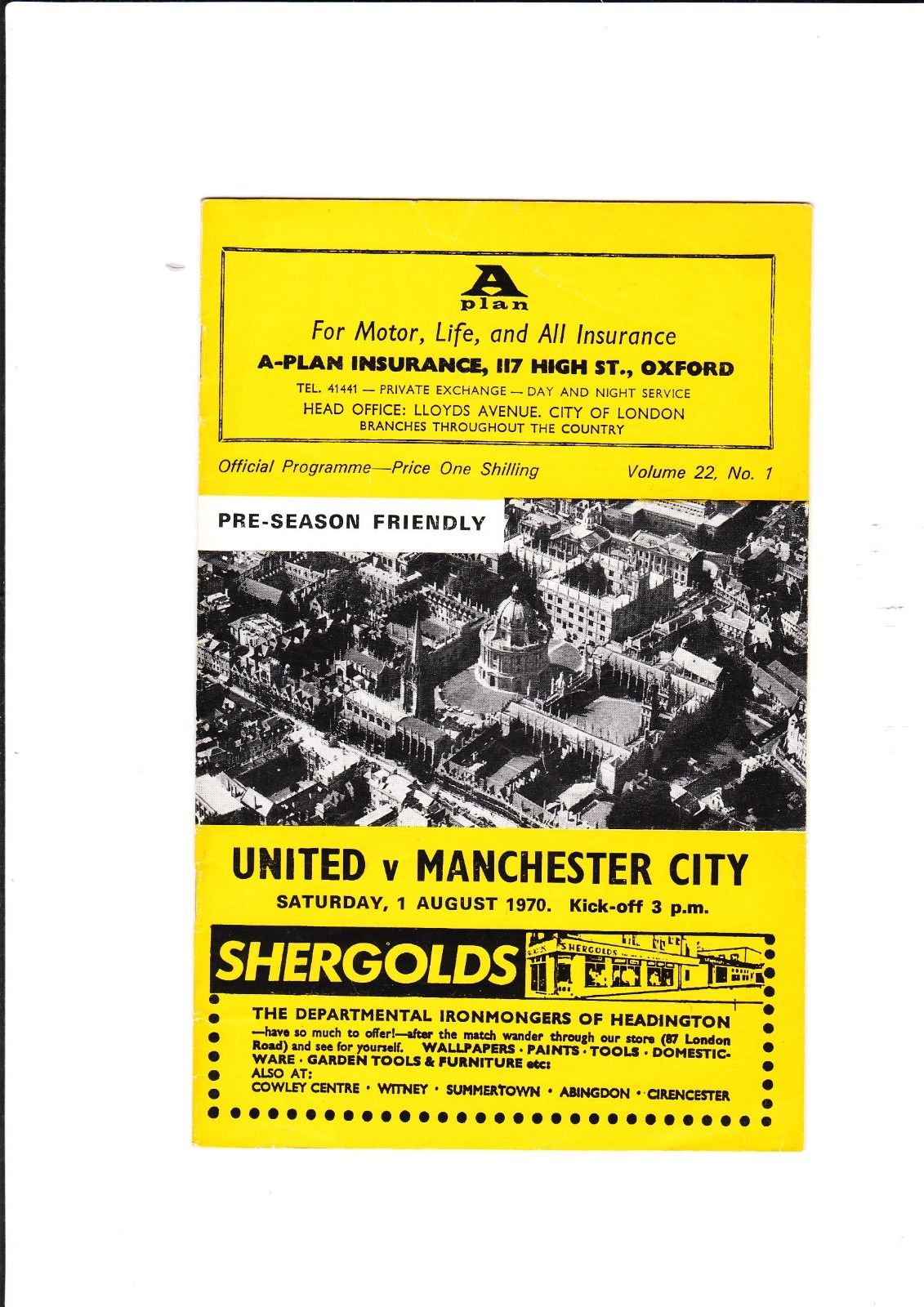 English Football Program: Oxford United vs. Manchester City (August 1, 1970)