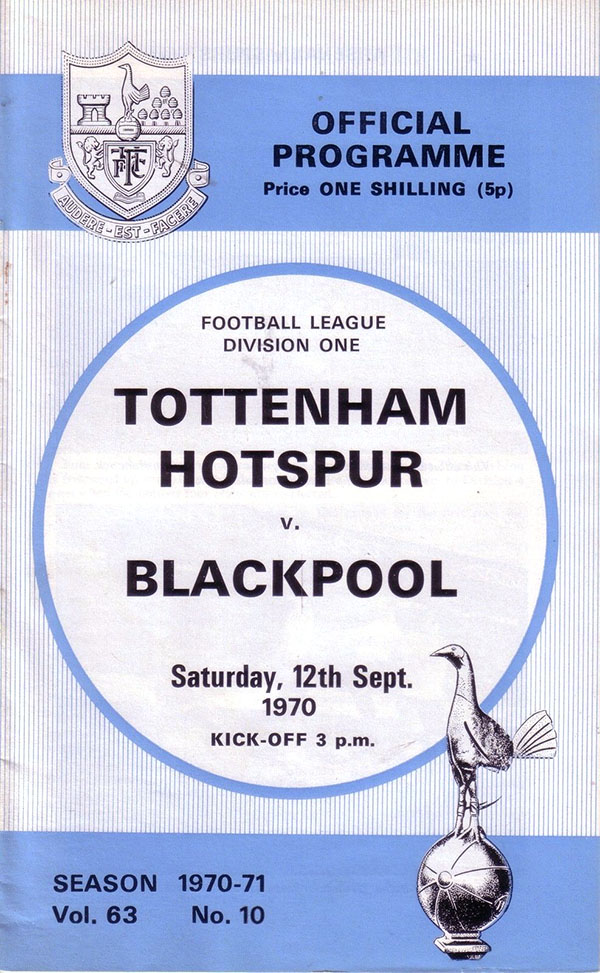 English Football Program: Tottenham Hotspur vs. Blackpool (September 12, 1970)