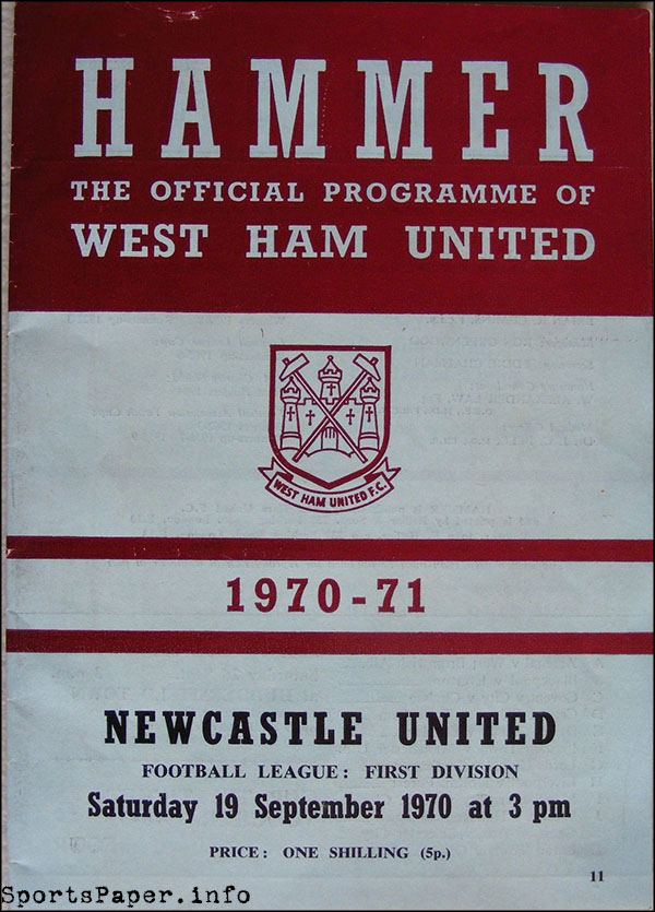 English Football Program: West Ham United vs. Newcastle United (September 19, 1970)