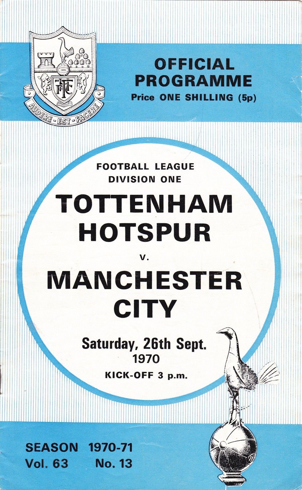 English Football Program: Tottenham Hotspur vs. Manchester City (September 26, 1970)