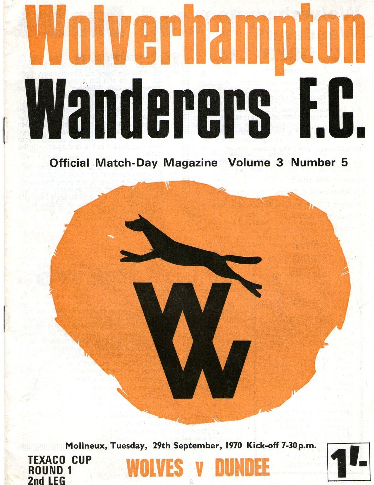English Football Program: Wolverhampton Wanderers vs. Dundee (September 29, 1970)