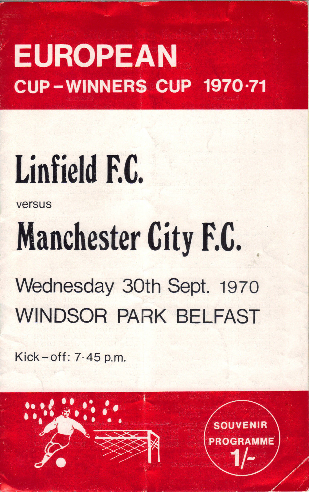 English Football Program: Linfield vs. Manchester City (September 30, 1970)