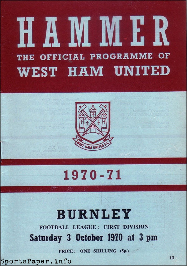 English Football Program: West Ham United vs. Burnley (October 3, 1970)