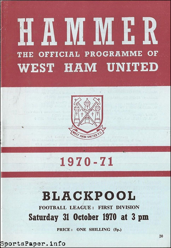 English Football Program: West Ham United vs. Blackpool (October 31, 1970)