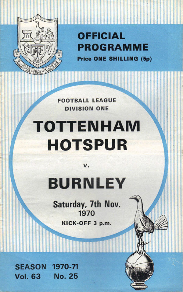 English Football Program: Tottenham Hotspur vs. Burnley (November 7, 1970)