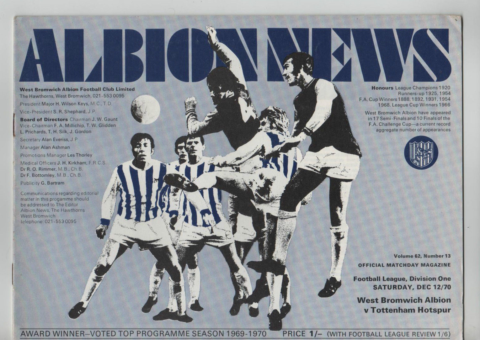 English Football Program: West Bromwich Albion vs. Tottenham Hotspur (December 12, 1970)