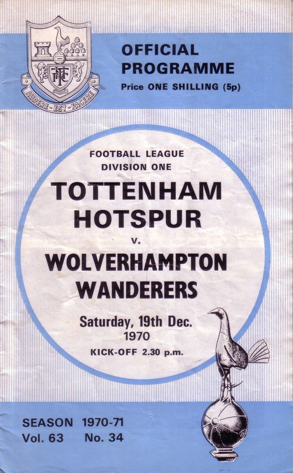 English Football Program: Tottenham Hotspur vs. Wolverhampton Wanderers (December 19, 1970)