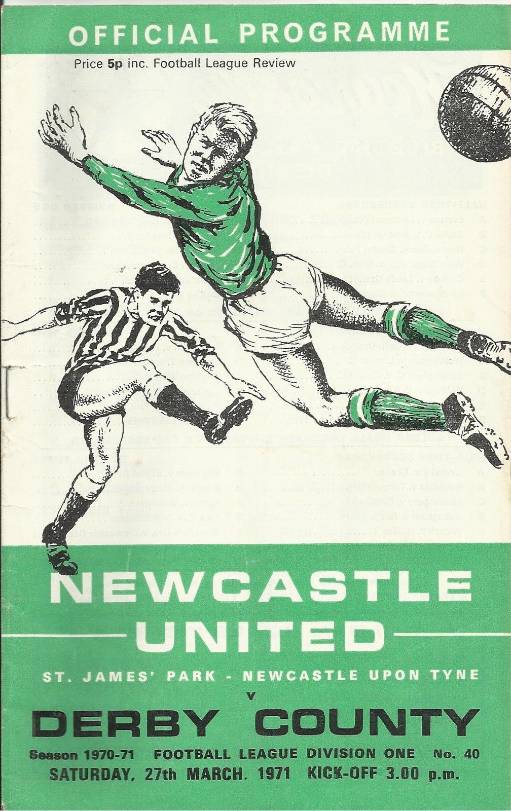 English Football Program: Newcastle United vs. Derby County (March 27, 1971)