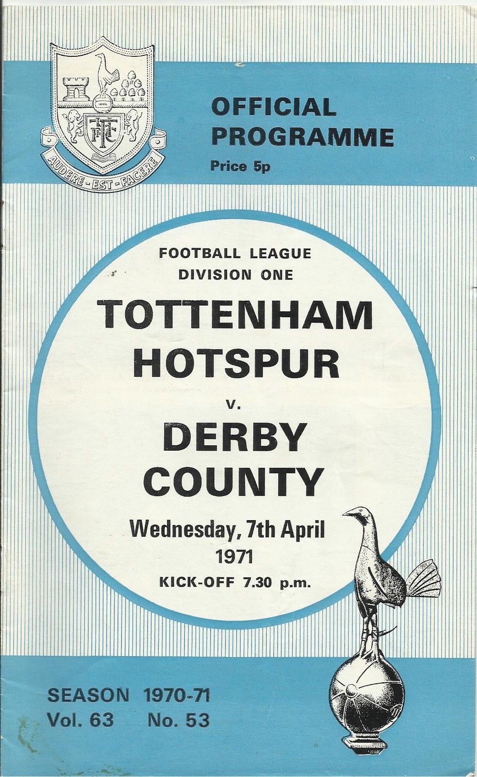 English Football Program: Tottenham Hotspur vs. Derby County (April 7, 1971)