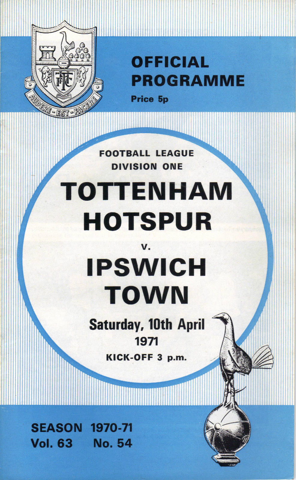 English Football Program: Tottenham Hotspur vs. Ipswich Town (April 10, 1971)