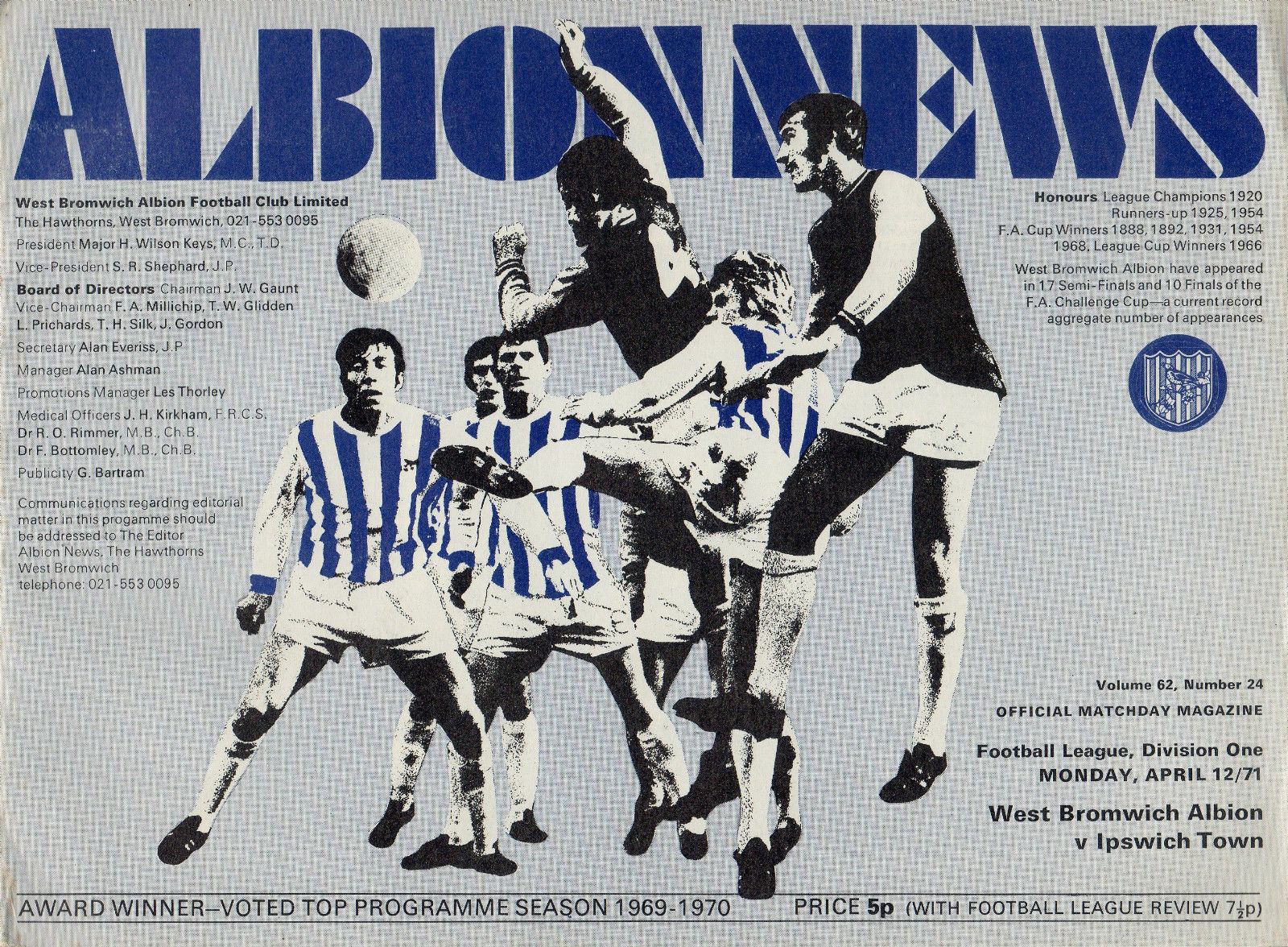English Football Program: West Bromwich Albion vs. Ipswich Town (April 12, 1971)