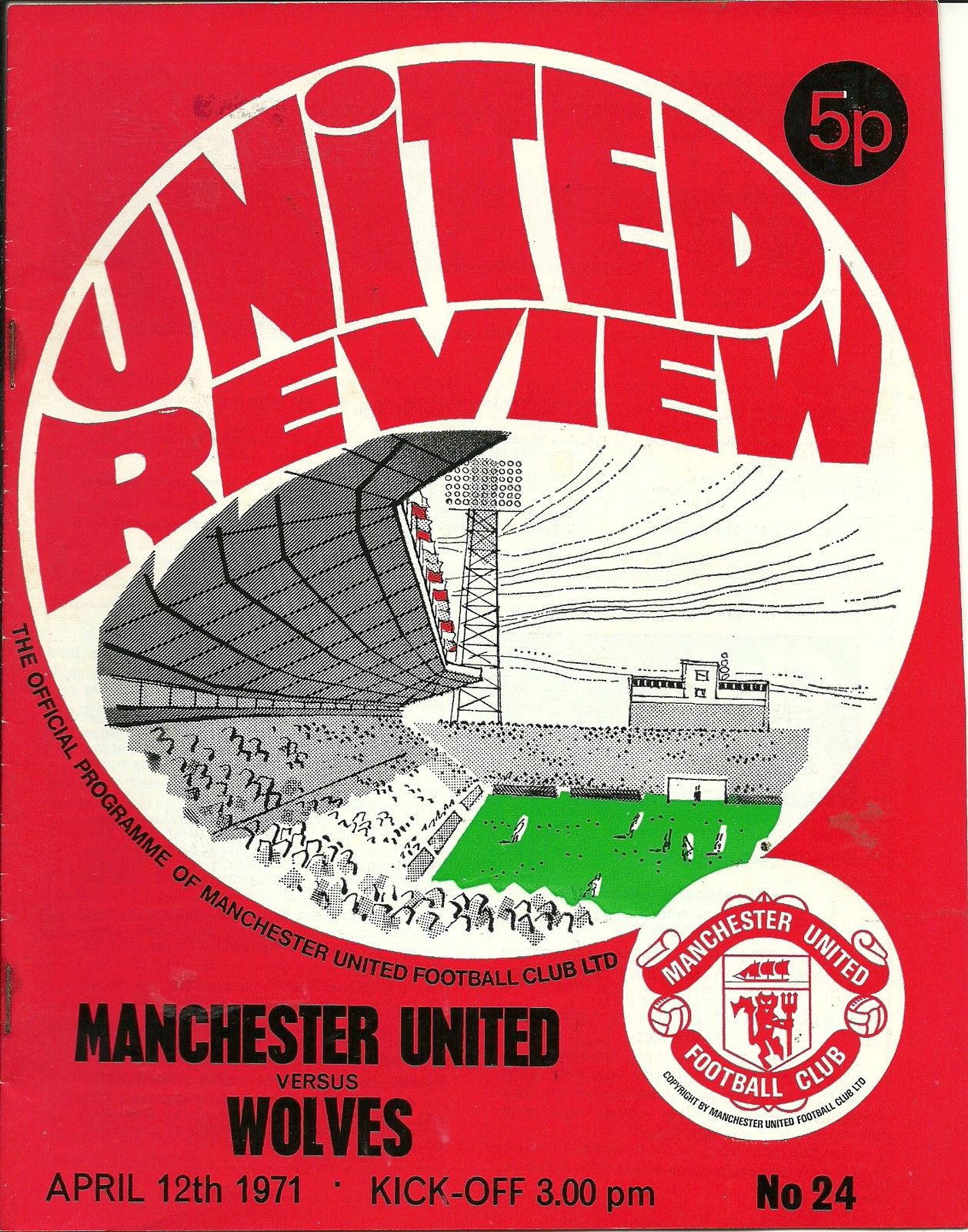 English Football Program: Manchester United vs. Wolverhampton Wanderers (April 12, 1971)