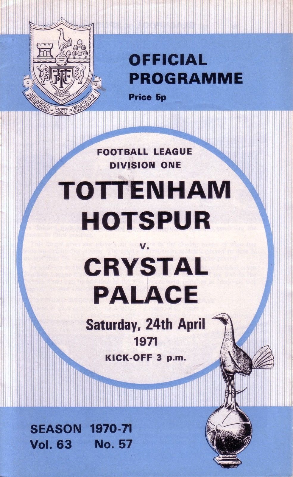 English Football Program: Tottenham Hotspur vs. Crystal Palace (April 24, 1971)