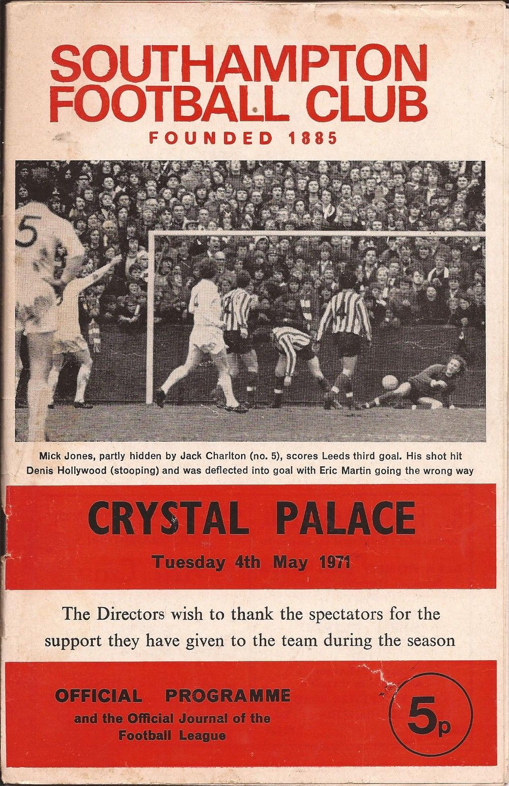 English Football Program: Southampton vs. Crystal Palace (May 4, 1971)
