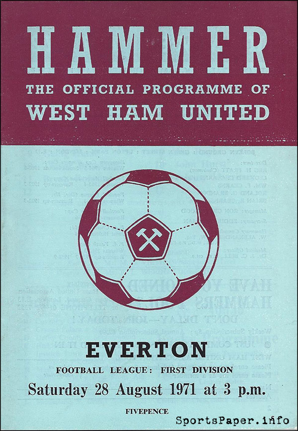 English Football Program: West Ham United vs. Everton (August 28, 1971)