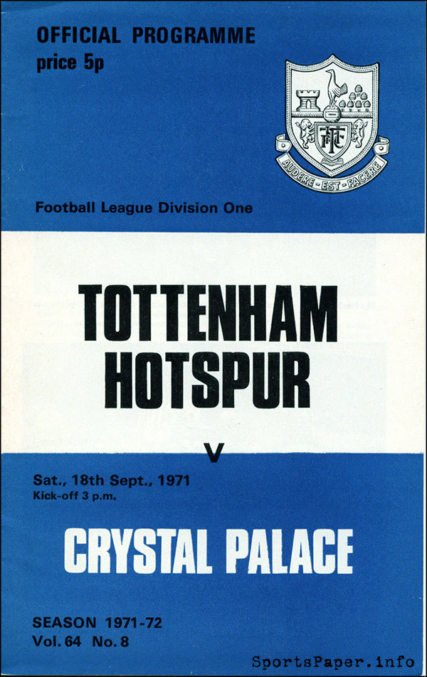 English Football Program: Tottenham Hotspur vs. Crystal Palace (September 18, 1971)