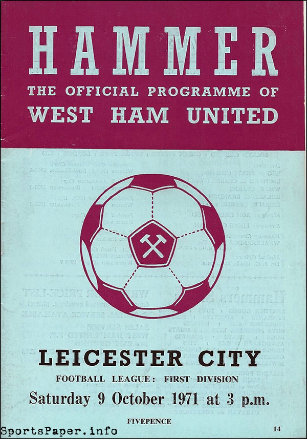 English Football Program: West Ham United vs. Leicester City (October 9, 1971)