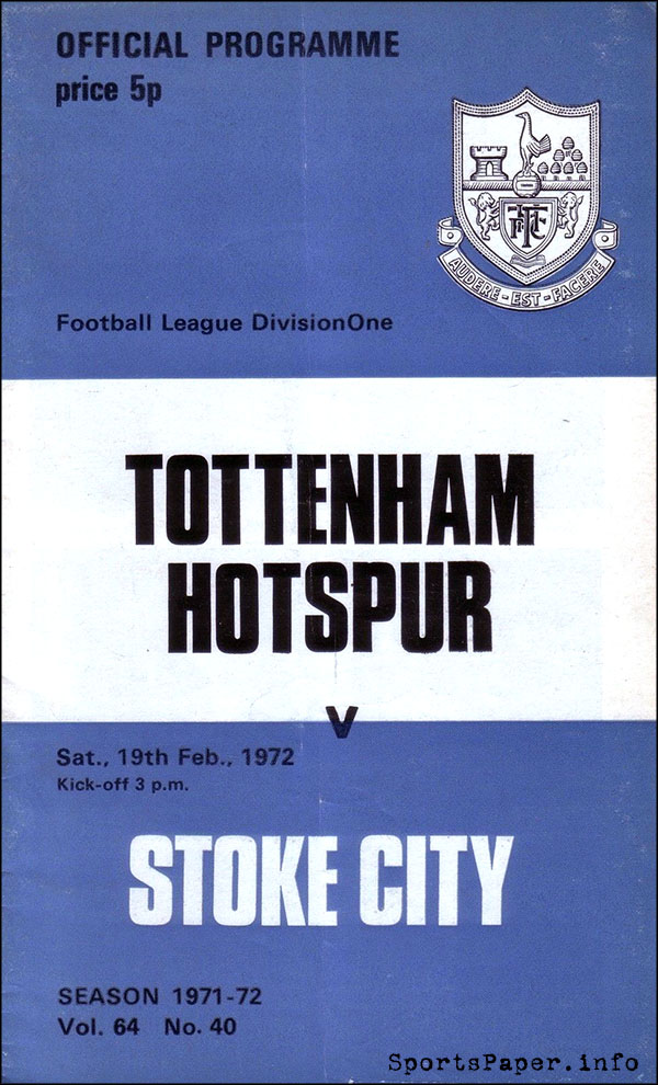 English Football Program: Tottenham Hotspur vs. Stoke City (February 19, 1972)