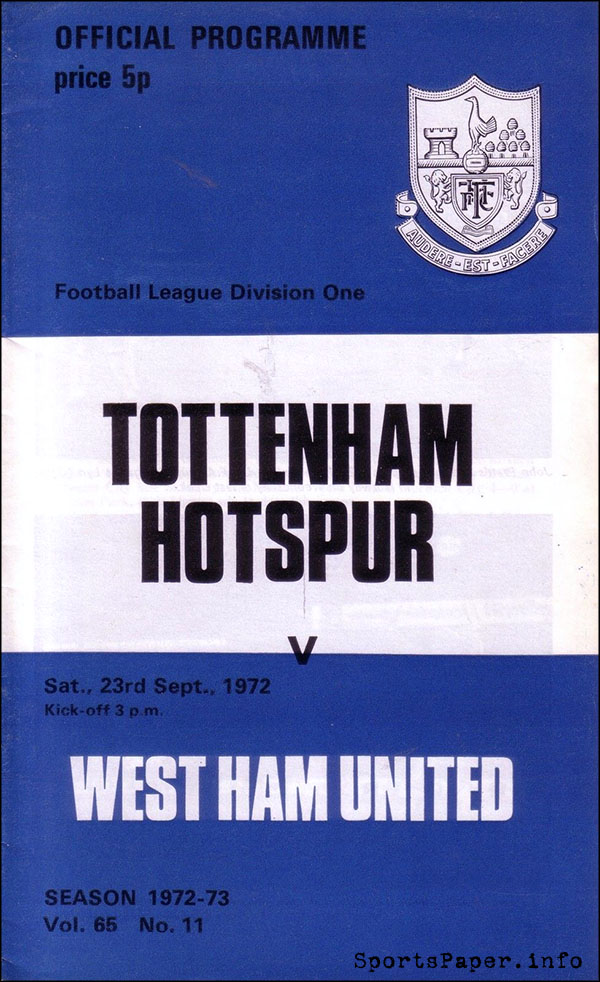 English Football Program: Tottenham Hotspur vs. West Ham United (September 23, 1972)
