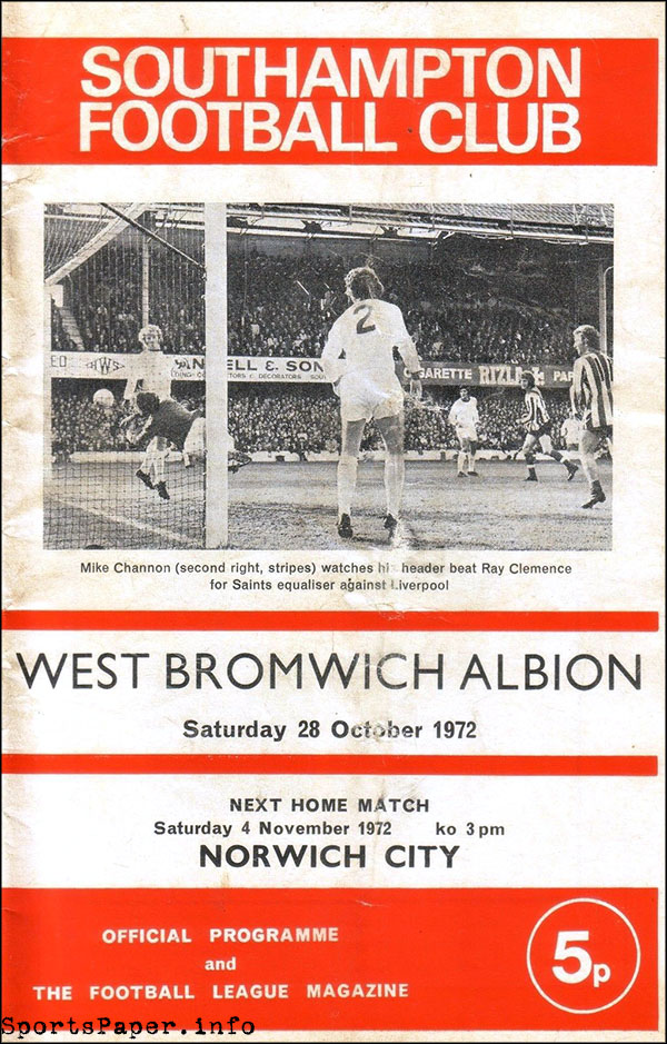 English Football Program: Southampton vs. West Bromwich Albion (October 28, 1972)