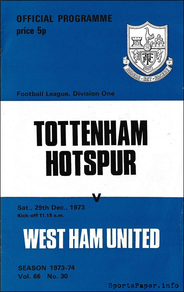 English Football Program: Tottenham Hotspur vs. West Ham United (December 29, 1973)