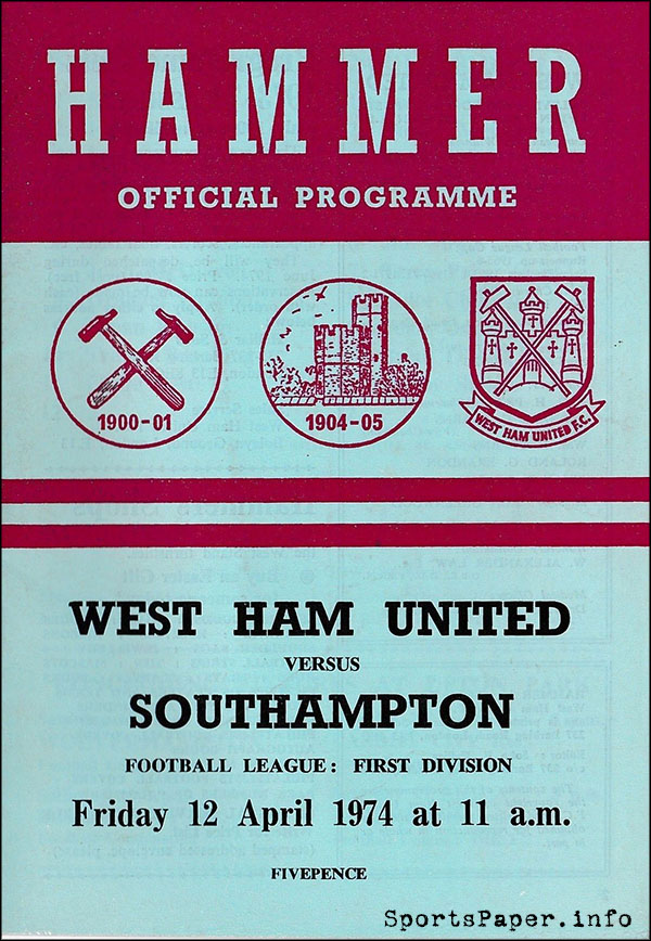 English Football Program: West Ham United vs. Southampton (April 12, 1974)
